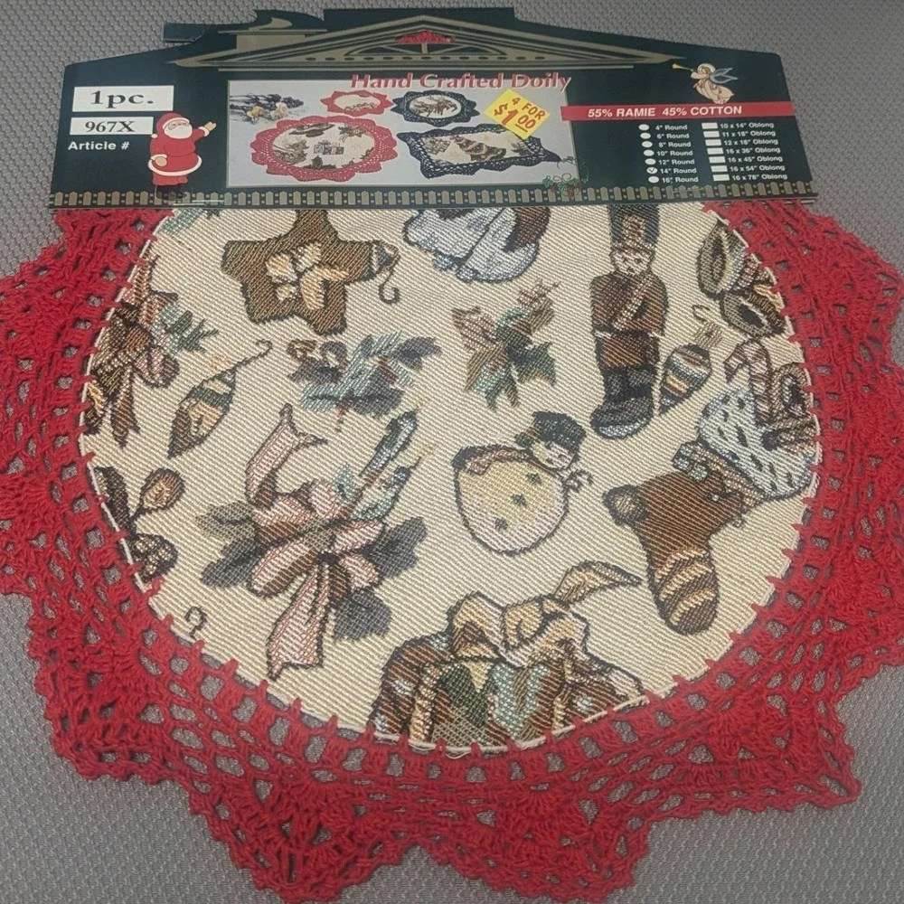 Set of 2 Vintage Christmas Tapestry Doilies Red Crochet Lace 14